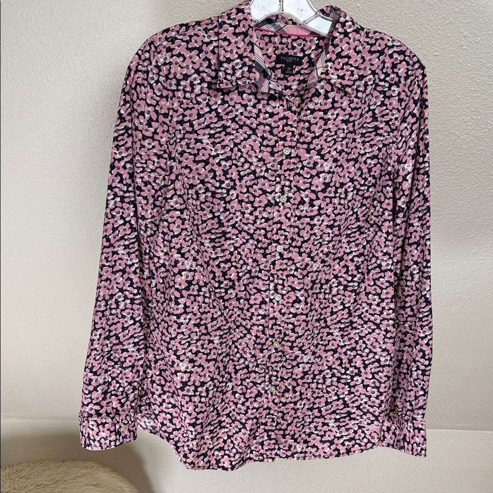 TALBOTS PETITE Pink and Black Floral Button Down Blouse. Size 12P